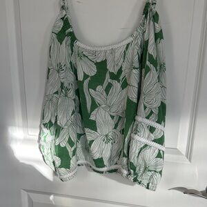 Tahari Green and White Floral Blouse